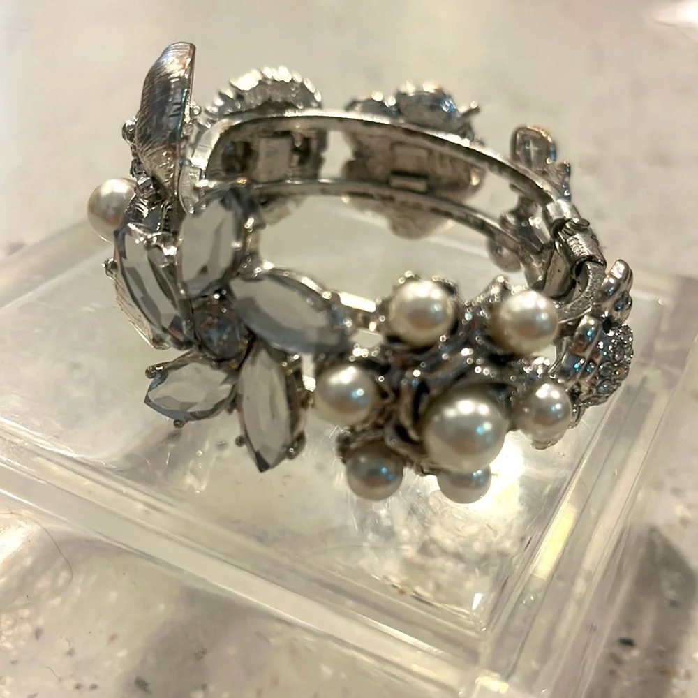 SILVER TONE FLORAL CUFF BRACELET WITH FAUX PEARLS AND RHINESTONES